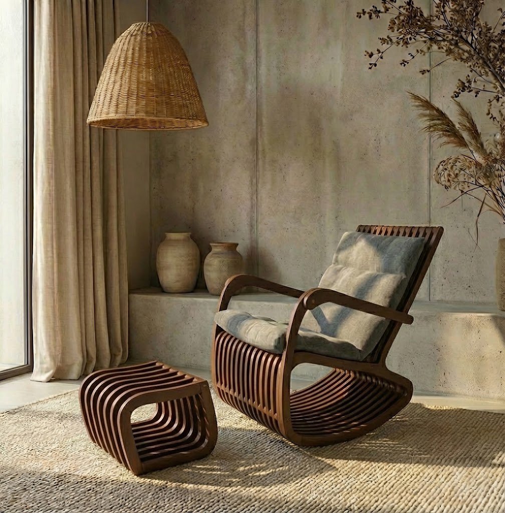 Clavis Rocking Chair & Ottoman Set | Parametric Plywood Lounger